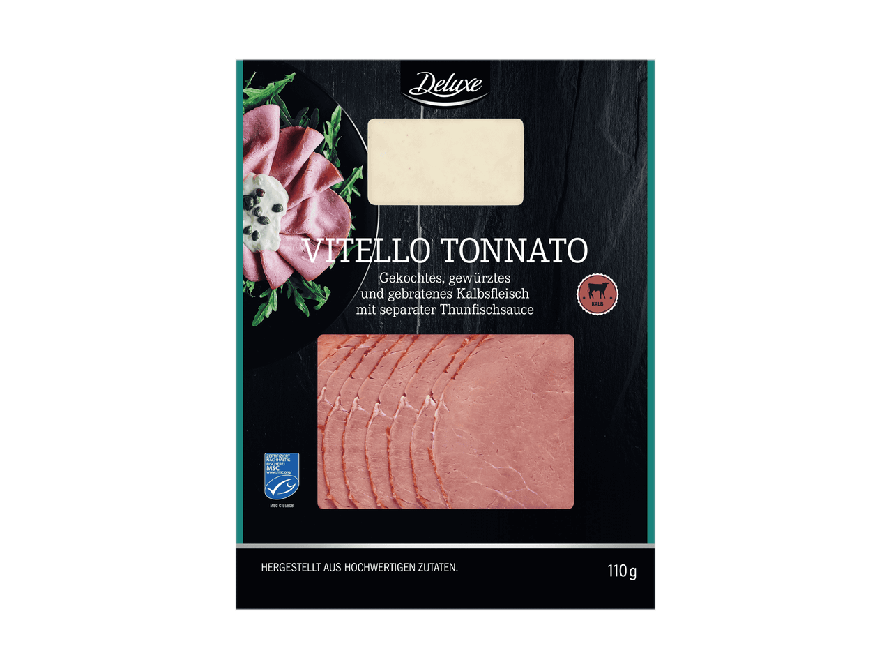 Vitello Tonnato mit gekochtem, gewürztem und gebratenem Kalbsfleisch und Thunfischsauce, 110 g