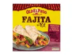 Fajita kit with roasted tomato and pepper, including tortillas, seasoning, and salsa.