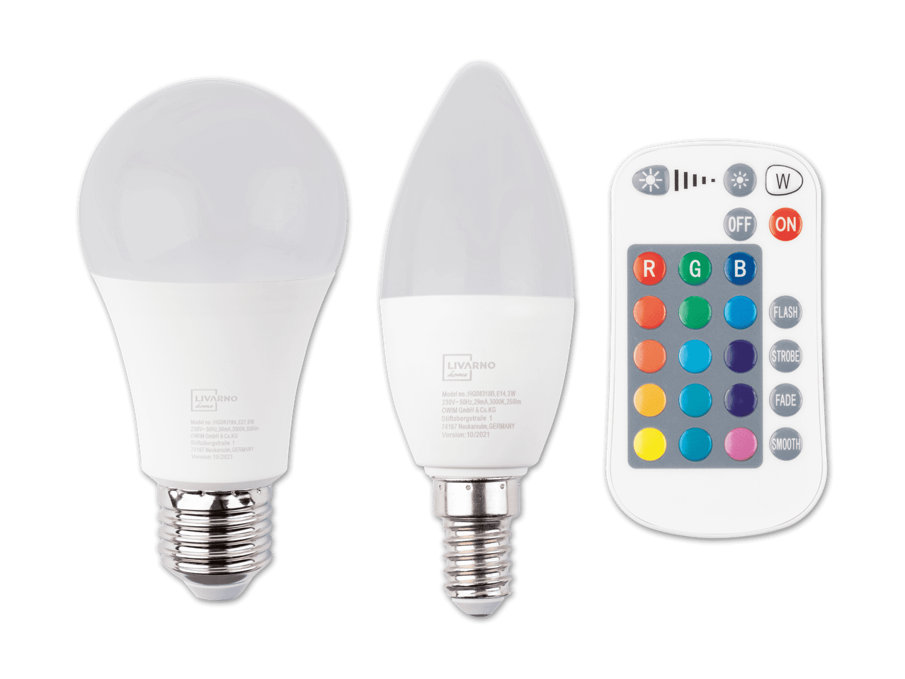 Zwei Livarno Home LED-Lampen und eine Fernbedienung auf schwarzem Hintergrund.
