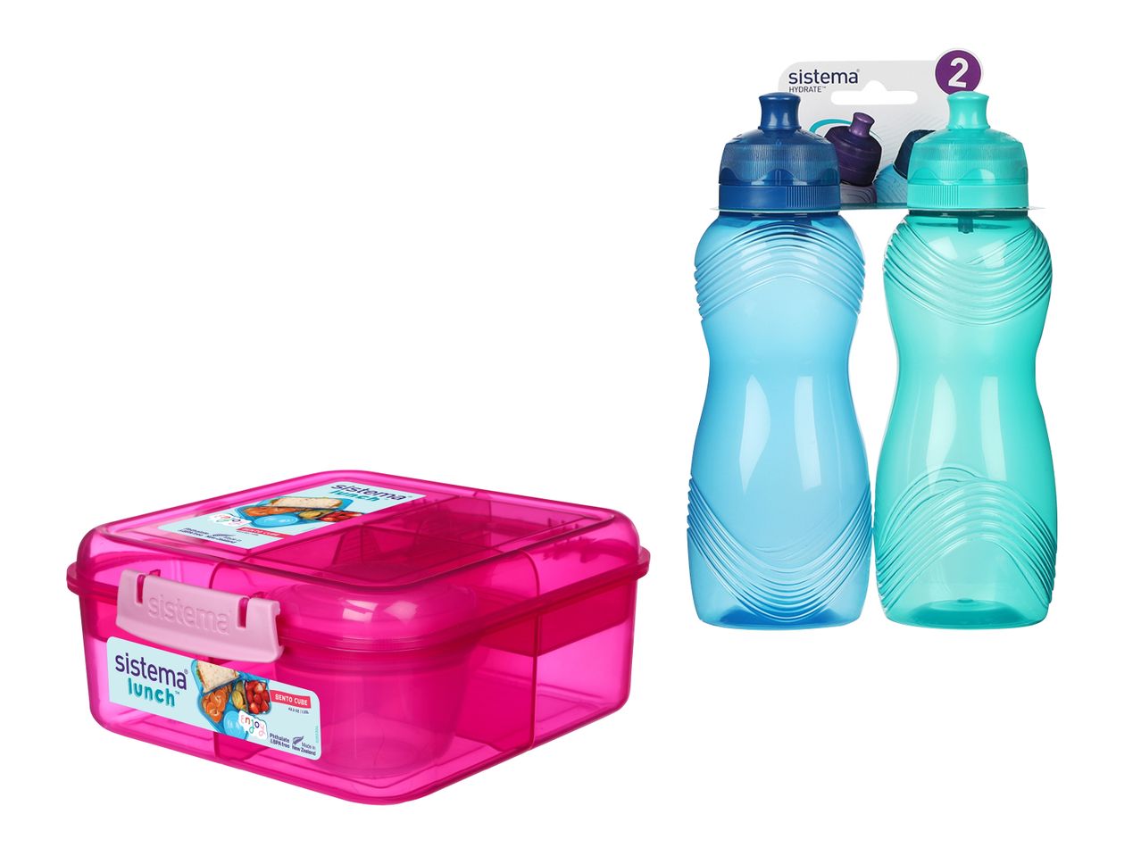Zwei Trinkflaschen in Blau und Türkis und eine pinke Lunchbox mit Fächern.