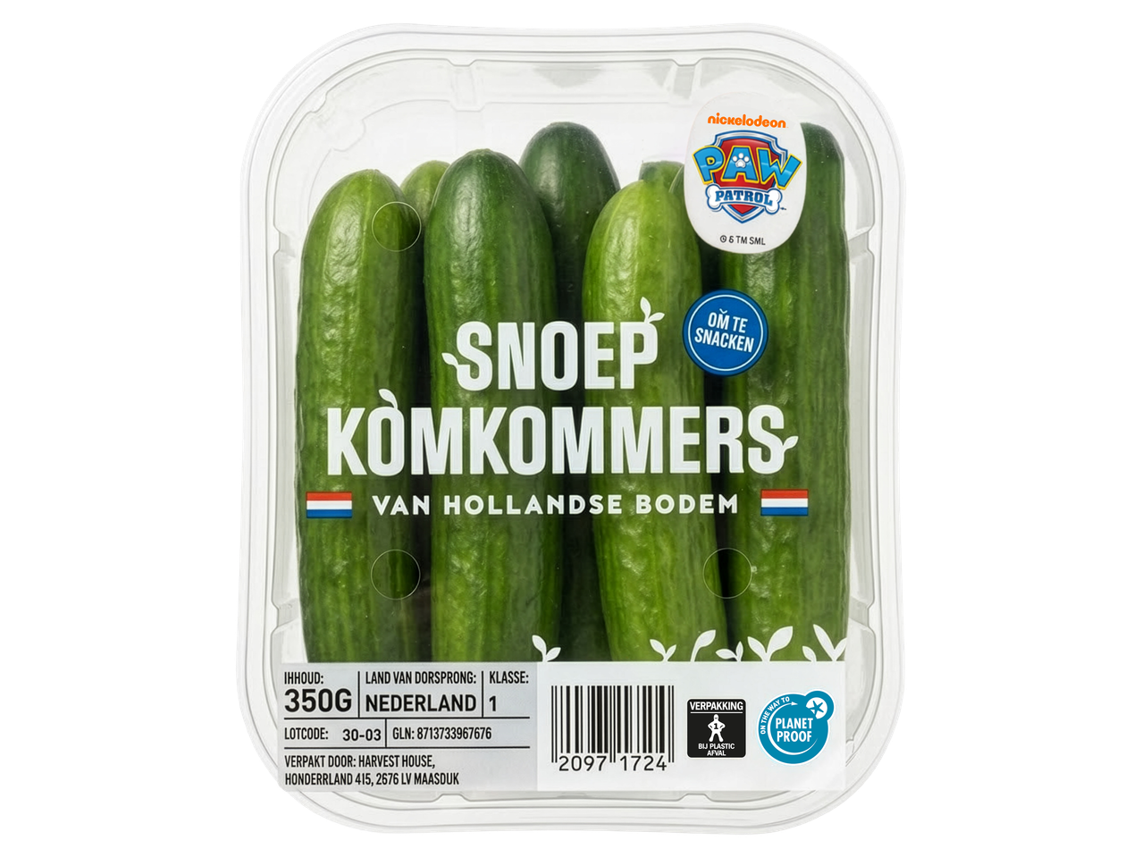 Verpakking met snackkomkommers, met de tekst 'Snoep Komkommers' en 'Van Hollandse Bodem'.