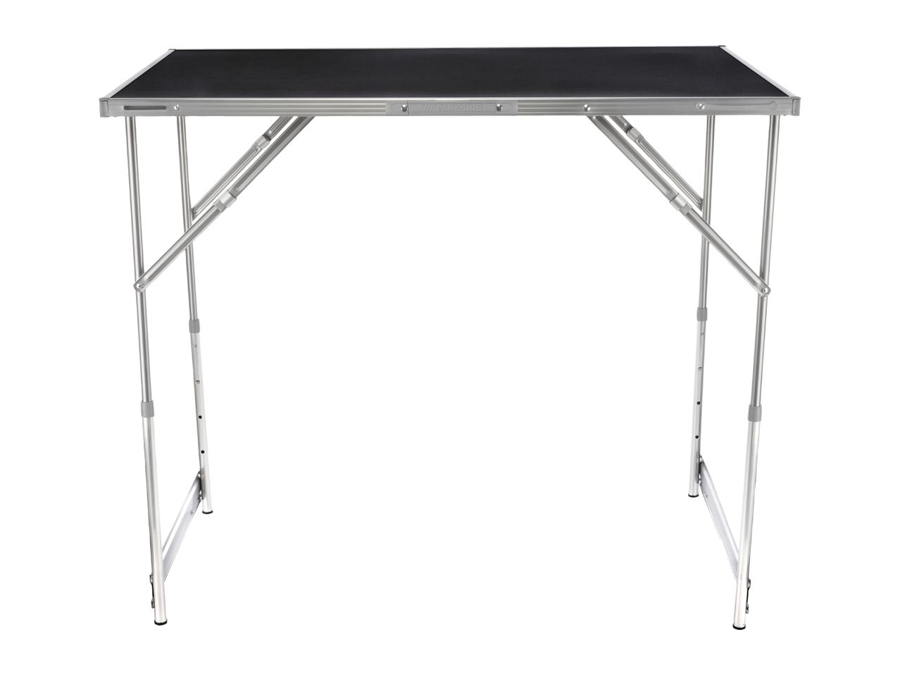 A black and silver foldable work table with adjustable legs on a white background.