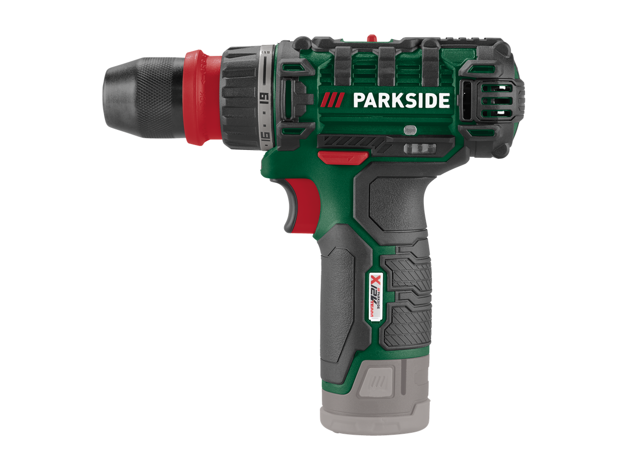 Berbequim/aparafusadora sem fio PARKSIDE de 12V em verde e preto.