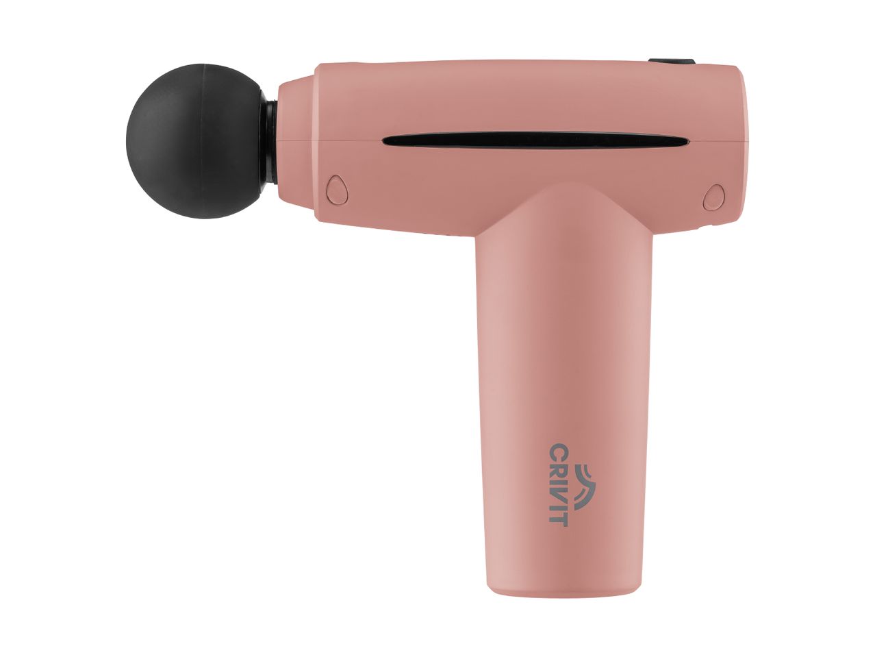 Pink Crivit massage gun with a black spherical attachment.