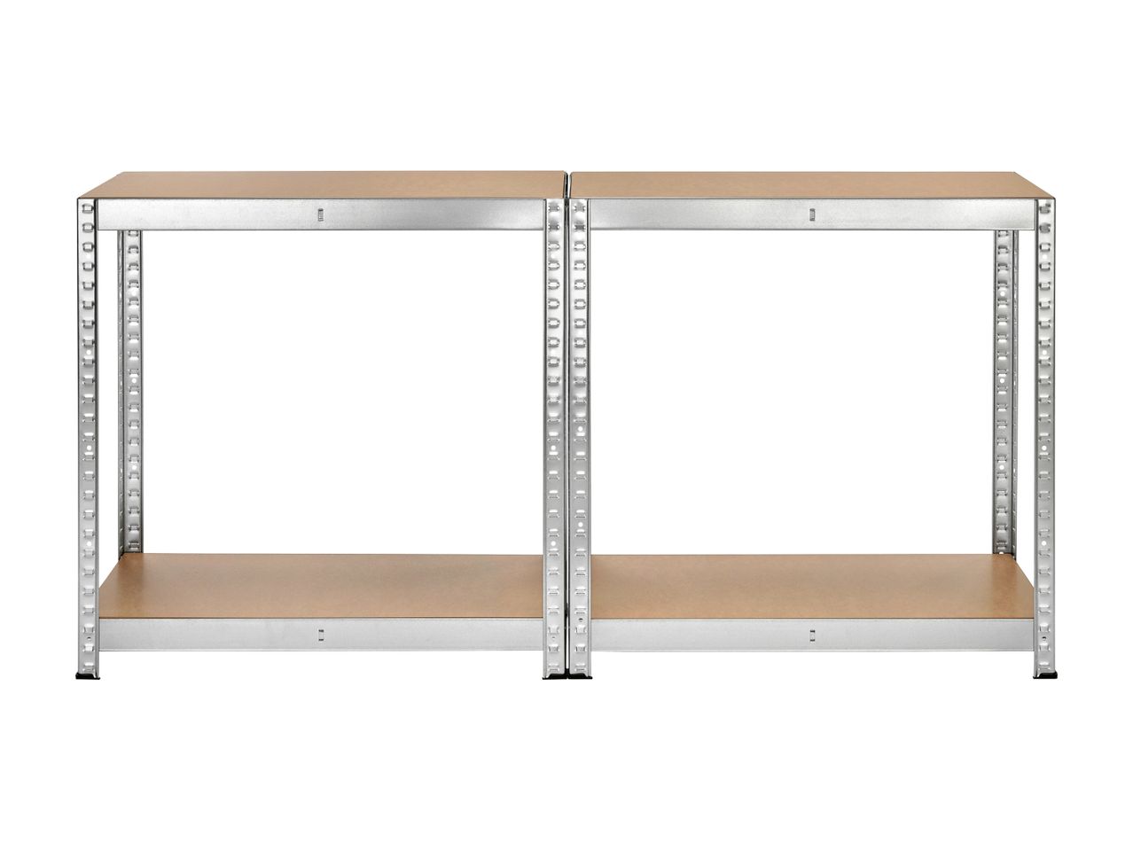 Two metal shelving units with two wooden shelves each, side by side.