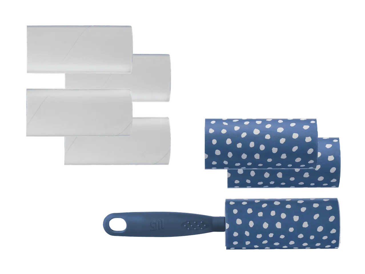 Un ensemble de rouleaux anti-peluches vides et pleins, dont un avec une poignée bleue et des pois blancs.