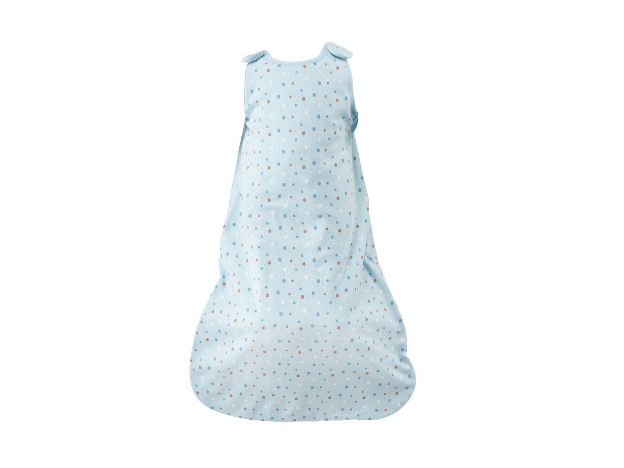 Light blue baby sleeping bag with white, light blue, and brown polka dots