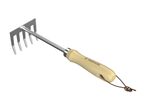 Small garden rake with a wooden handle and a brown leather loop.