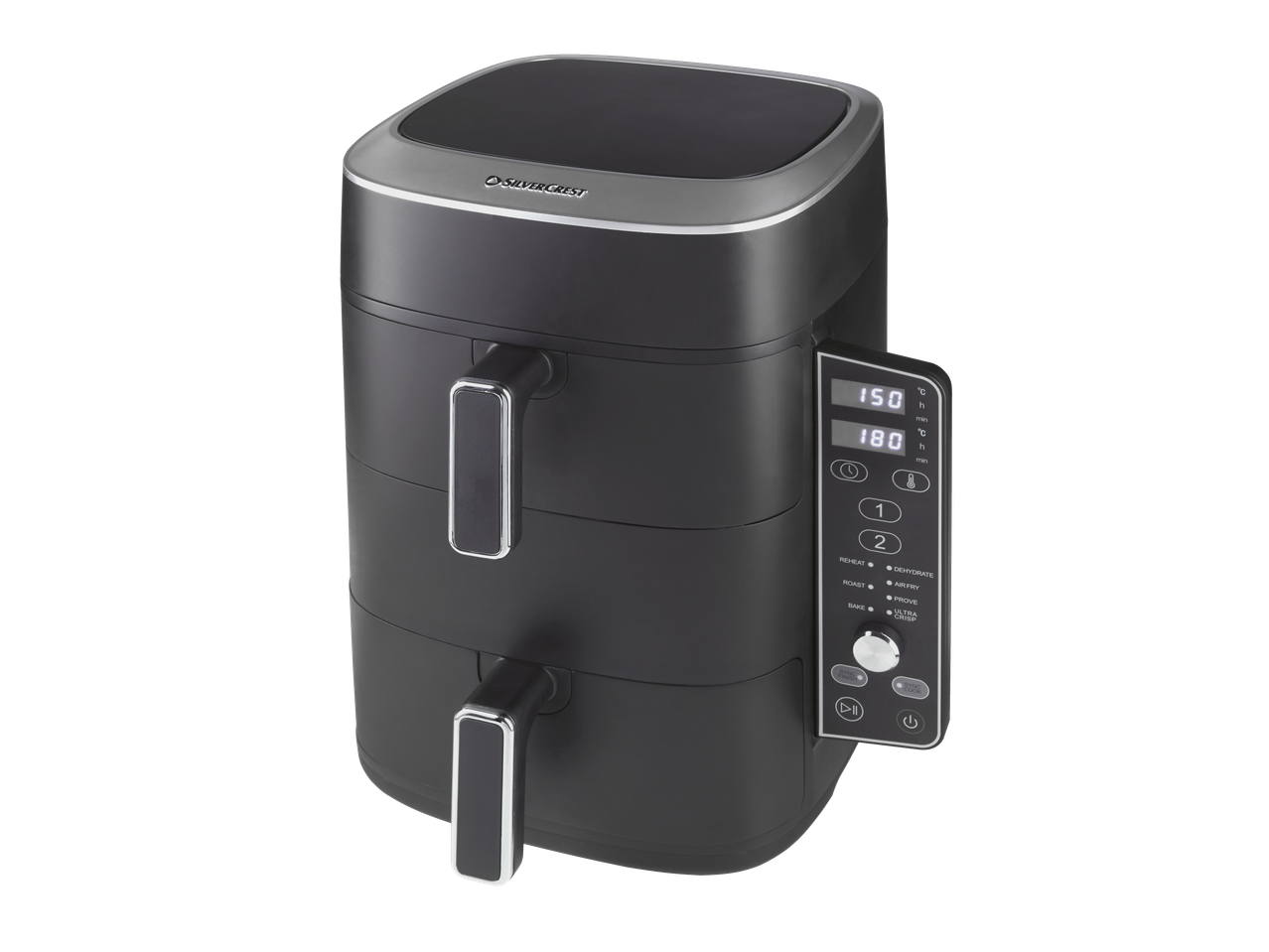 SILVERCREST® dupla légkeveréses sütő digitális kijelzővel és főzési vezérlőkkel.