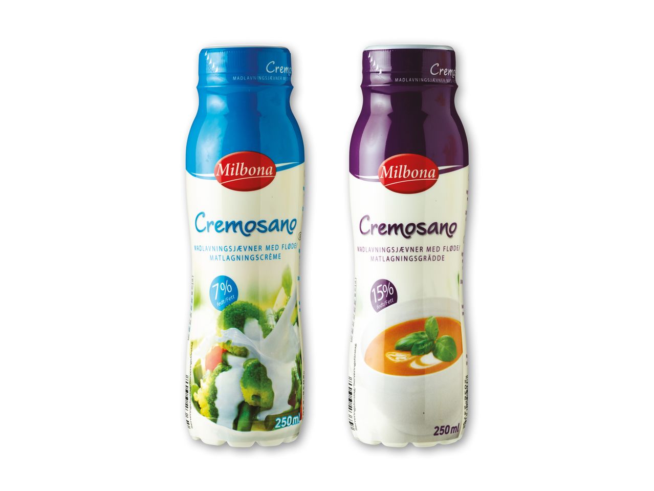 To flasker Milbona Cremesano madlavningsfløde, en med 7% fedt og en med 15% fedt.