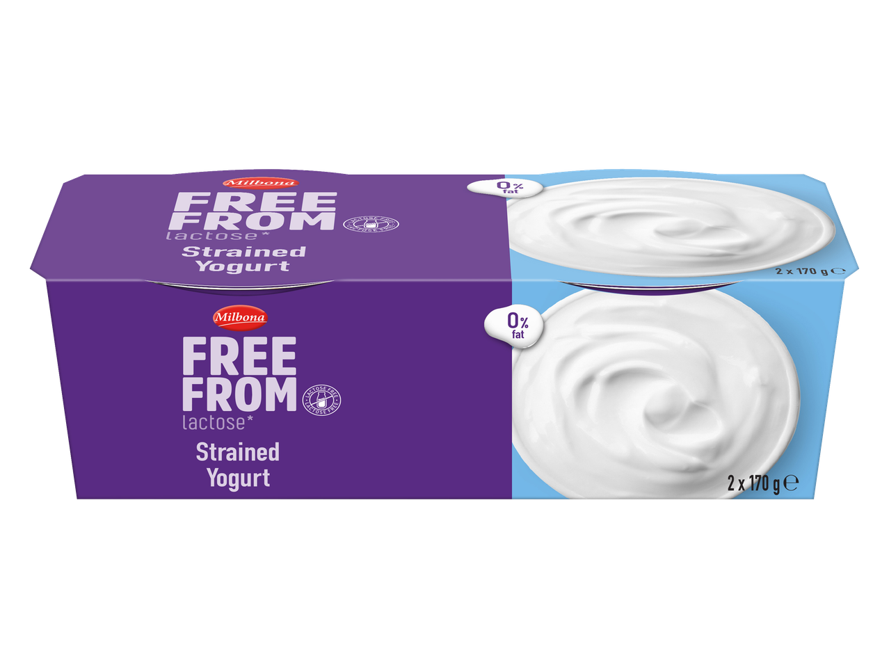 Milbona FREE FROM iaurt grecesc fără lactoză, 0% grăsime, 2 x 170g.