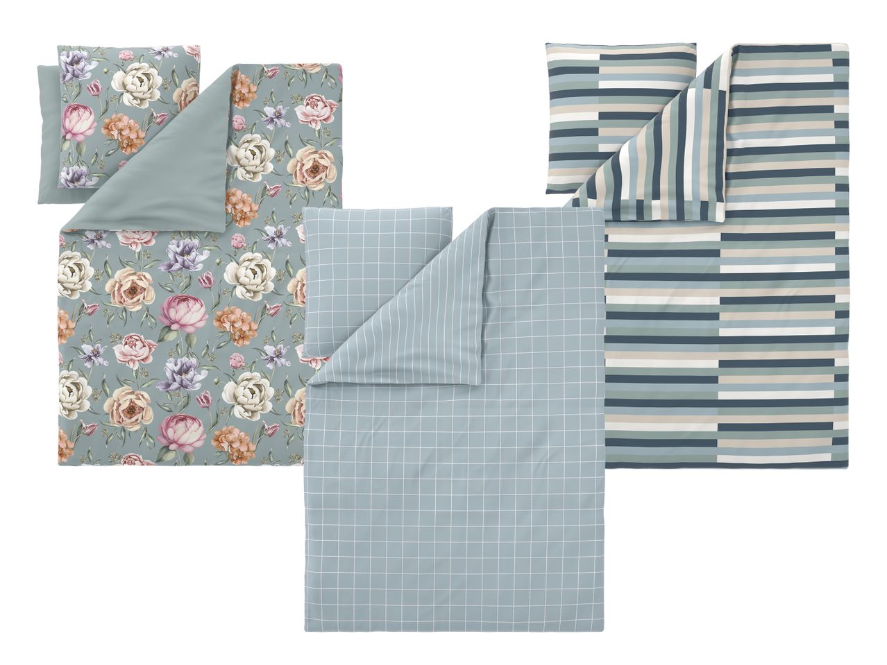 Drei Bettwäsche-Sets: Blumenmuster, blau kariert/gestreift und blau-beige gestreift.