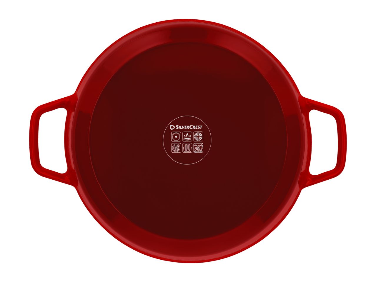 Red round baking dish with handles, suitable for various cooking methods.