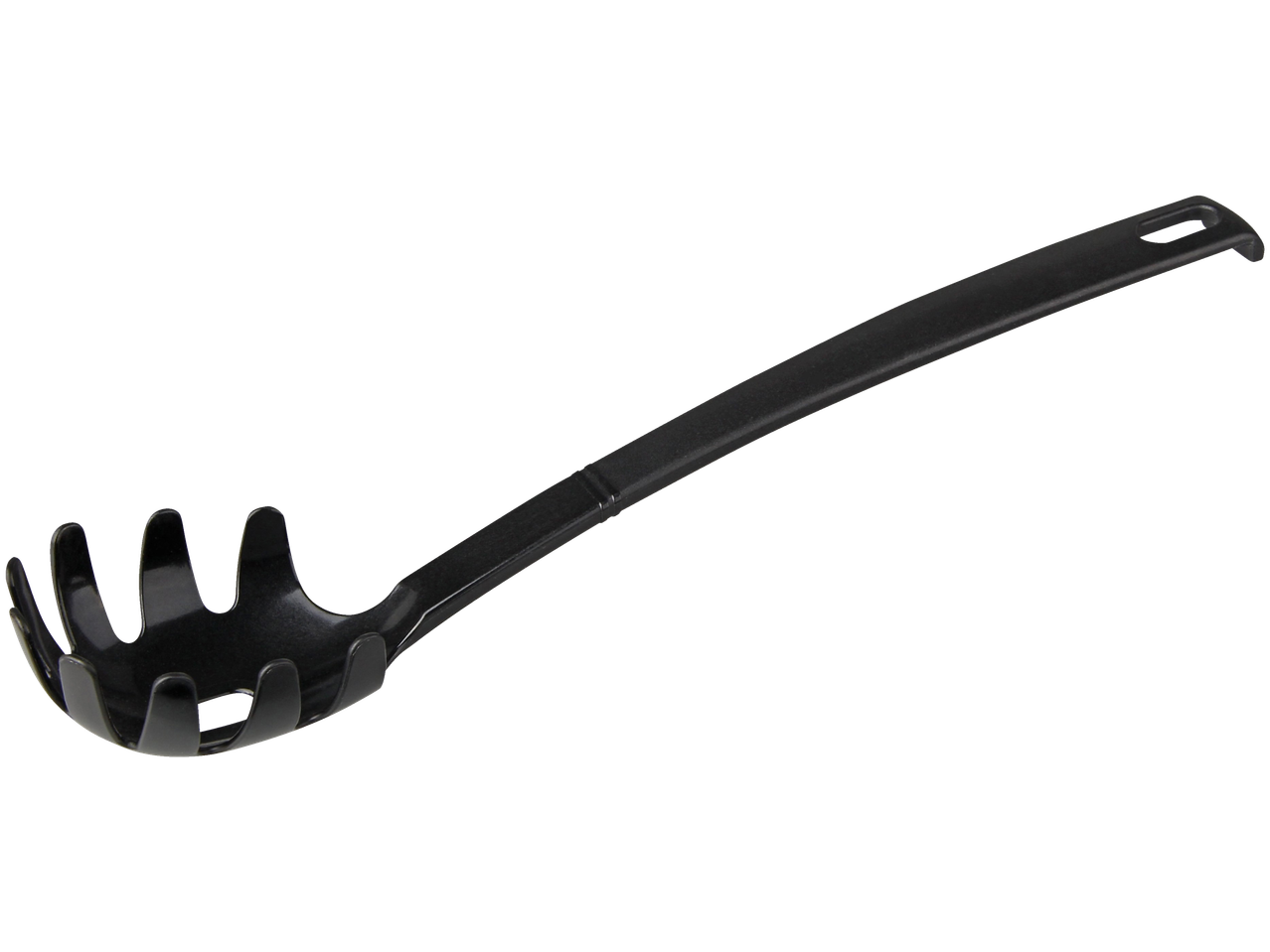 Black plastic pasta server with a long handle