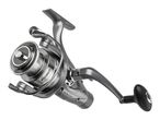 A silver fishing reel with a black handle, featuring a 'One Way Clutch' label.