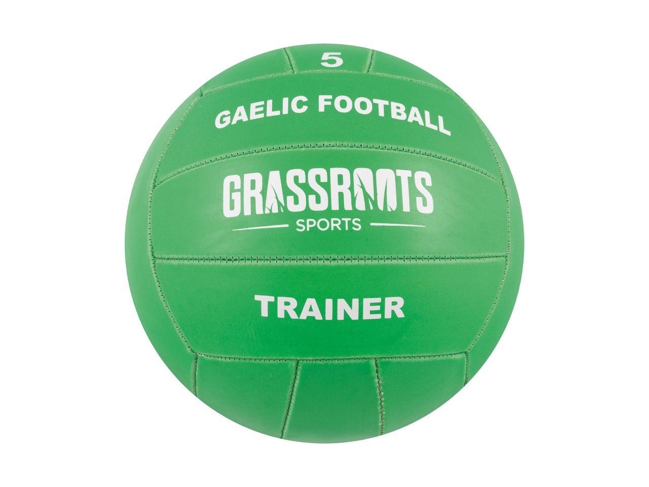 Green Gaelic football with 'GAELIC FOOTBALL GRASSROOTS SPORTS TRAINER' text and number 5.