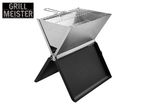 Portable stainless steel barbecue grill with a black base, featuring the text 'GRILL MEISTER'.