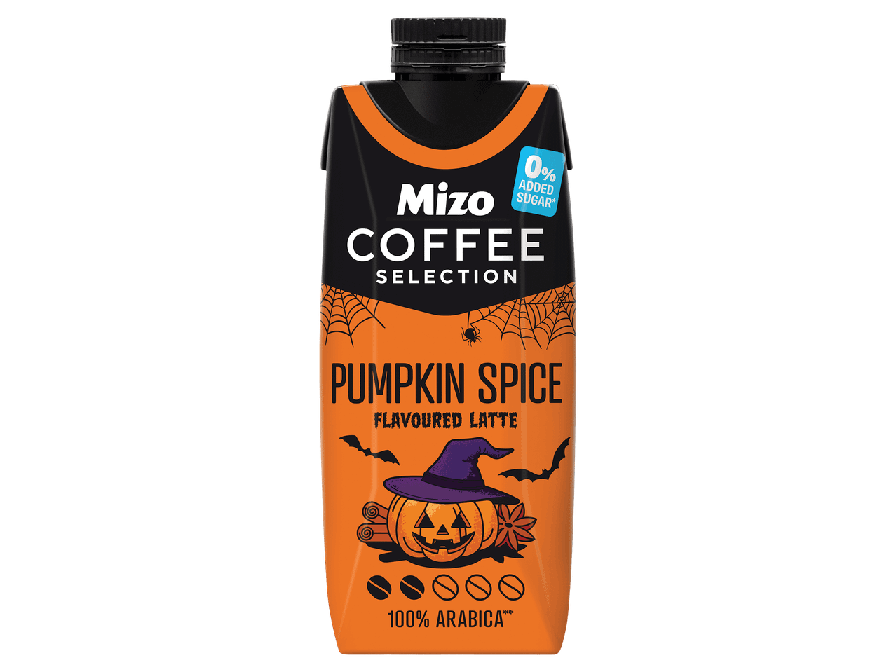 Sütőtökös fűszeres tejeskávé halloweeni dizájnú dobozban, hozzáadott cukor nélkül.