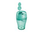 A teal BIC double-hole pencil sharpener with a removable cap.