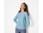 Smiling woman in an esmara® Ladies' Long Sleeve Top, light blue with white stripes, and jeans