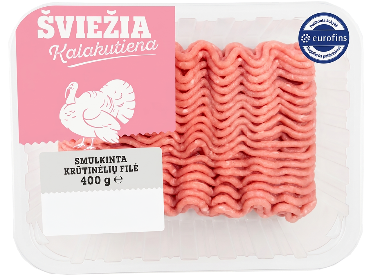 Šviežia kalakutienos filė, 400 g, rožinė pakuotė su kalakuto piešiniu.
