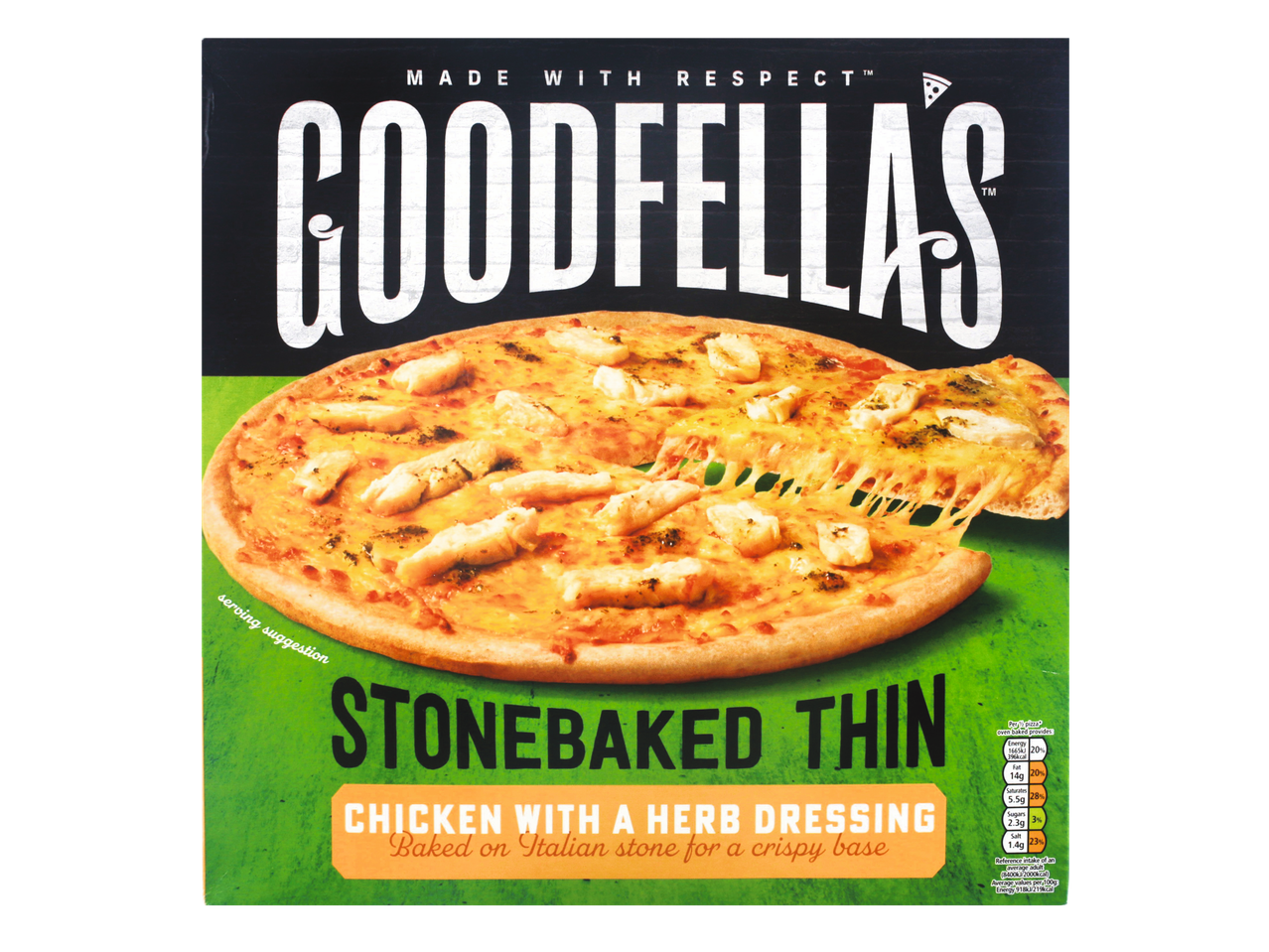 Goodfellas Stonebaked Thin Chicken with Herb Dressing pizza box.