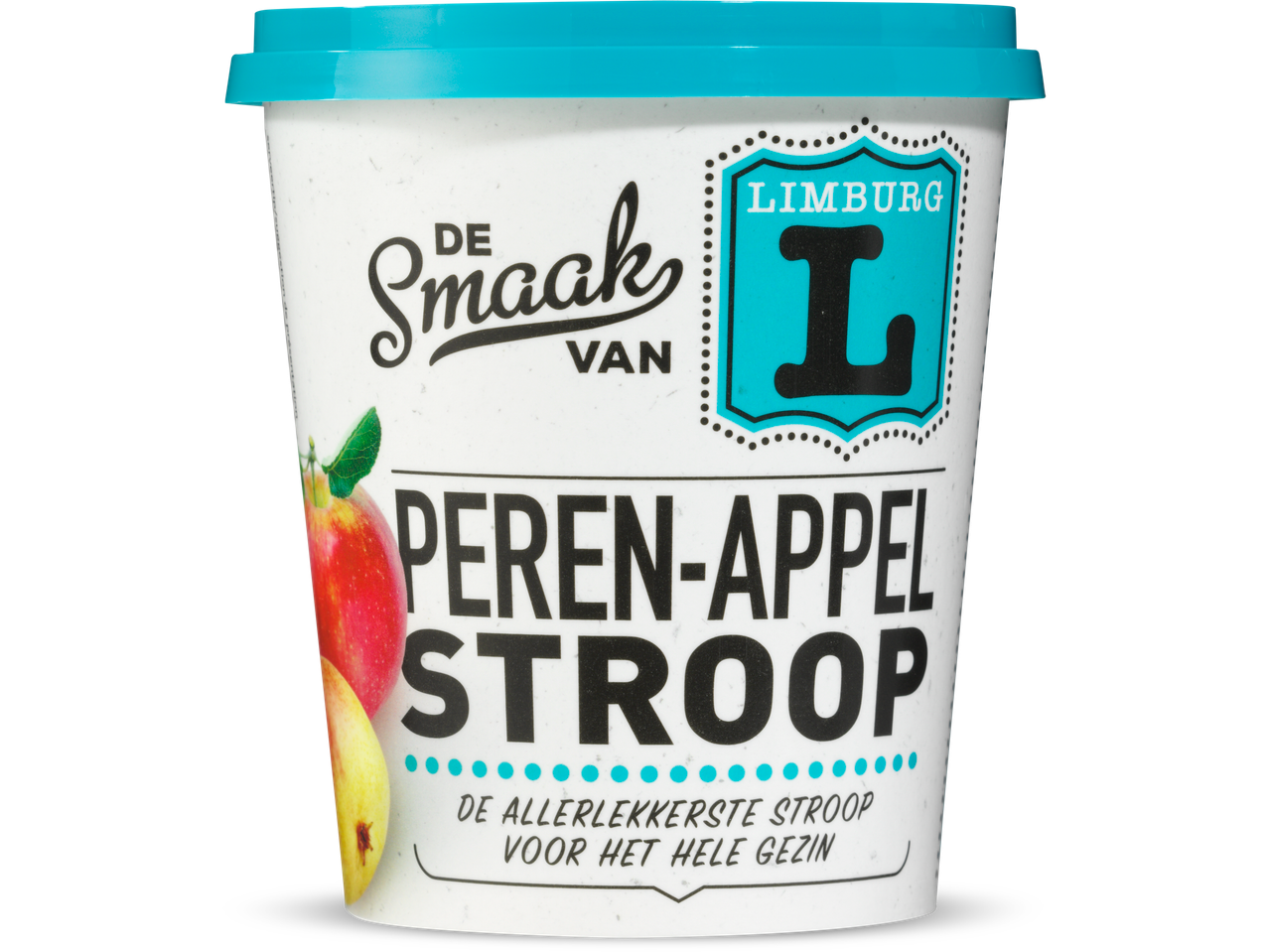 Witte pot Peren-Appel Stroop met blauw deksel en Limburgs logo.