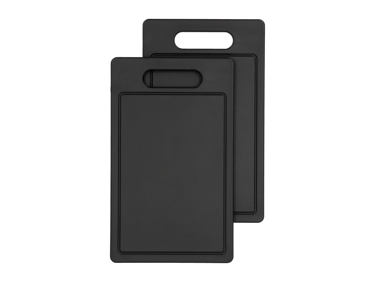 Two black rectangular cutting boards with handles, one slightly behind the other