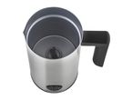 Stainless steel milk frother with a black handle and whisk inside, viewed from above.