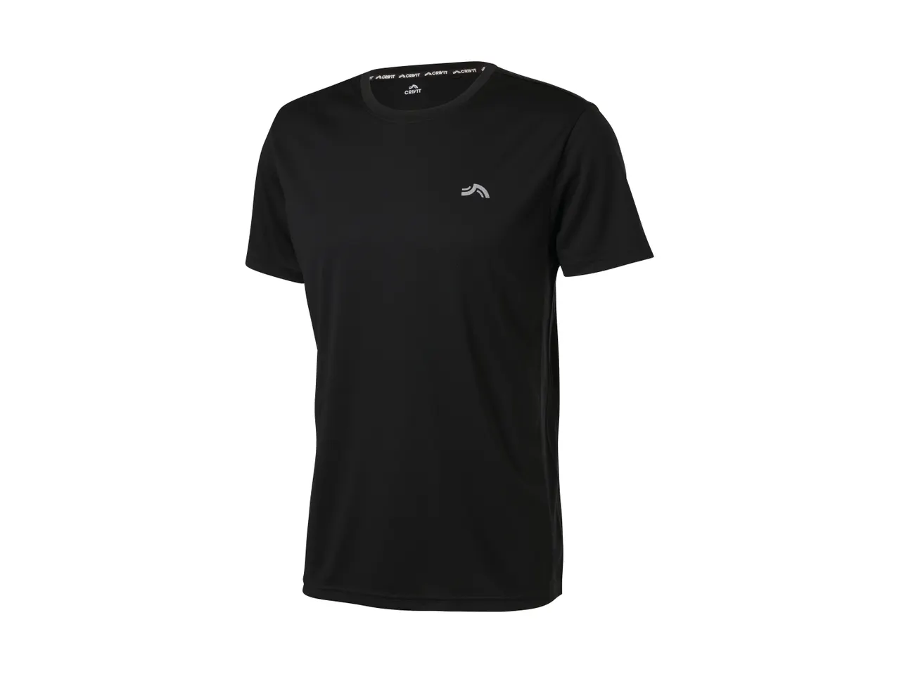 Black short-sleeved sports t-shirt with a small grey logo on the chest.