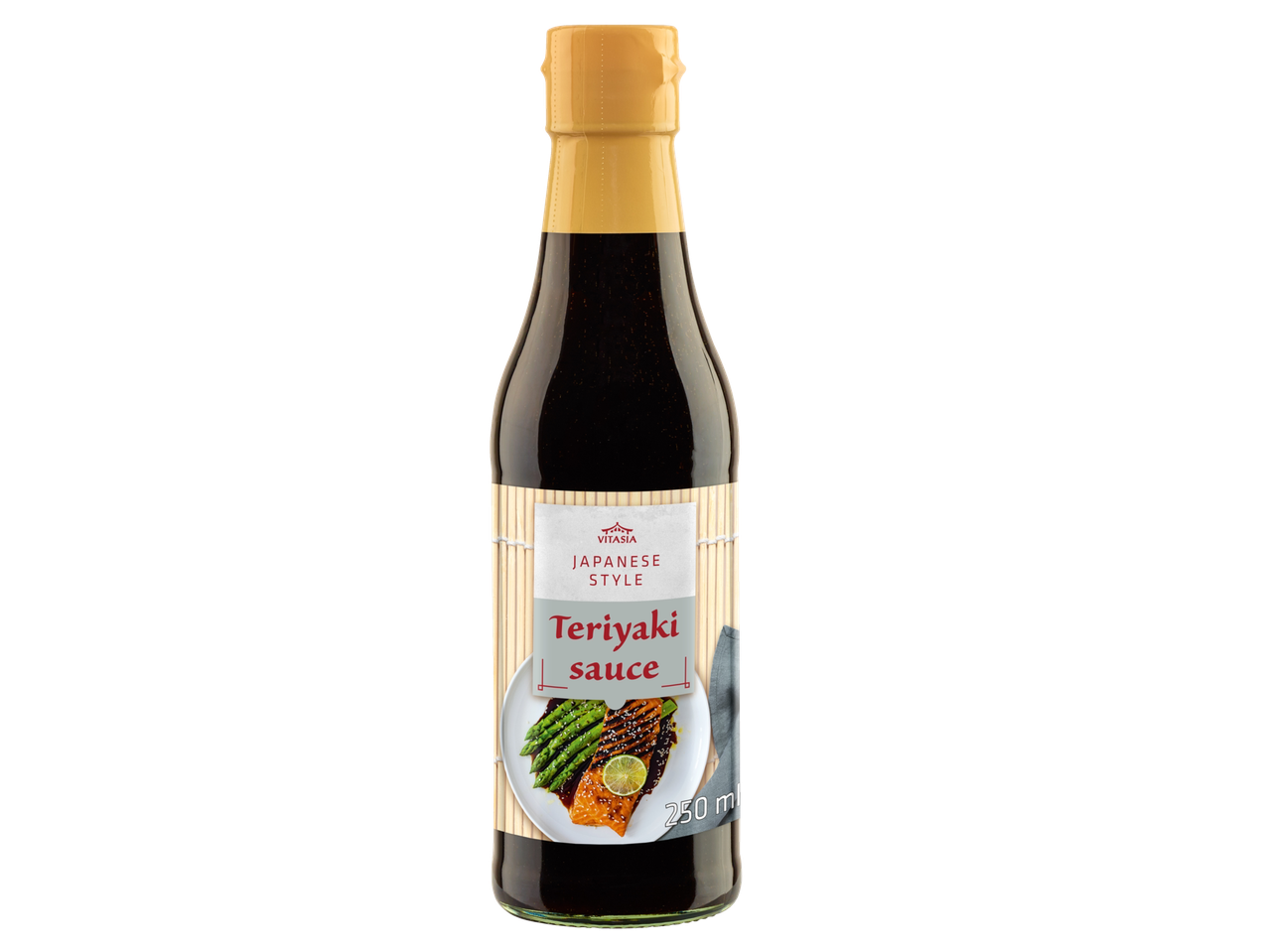 Sticlă de sos Teriyaki stil japonez cu etichetă ce prezintă somon și sparanghel.