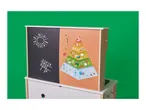 Children's wooden easel with a chalkboard and a food pyramid chart.