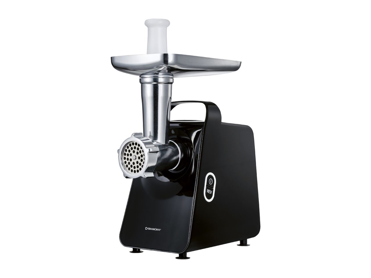 Black meat grinder with a silver grinding head and a white food pusher.