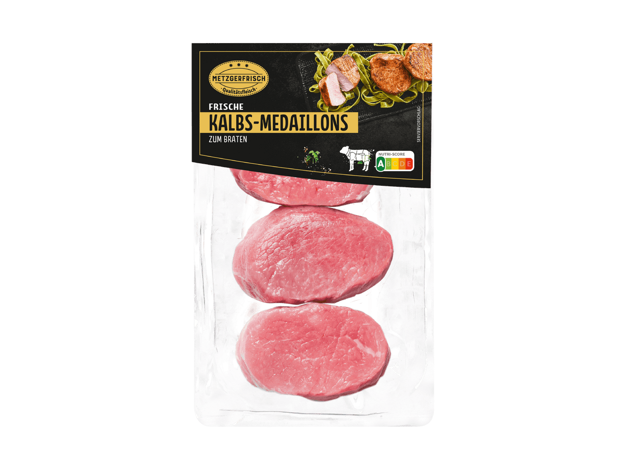 Frische Kalbs-Medaillons zum Braten in einer Verpackung mit Nutri-Score A
