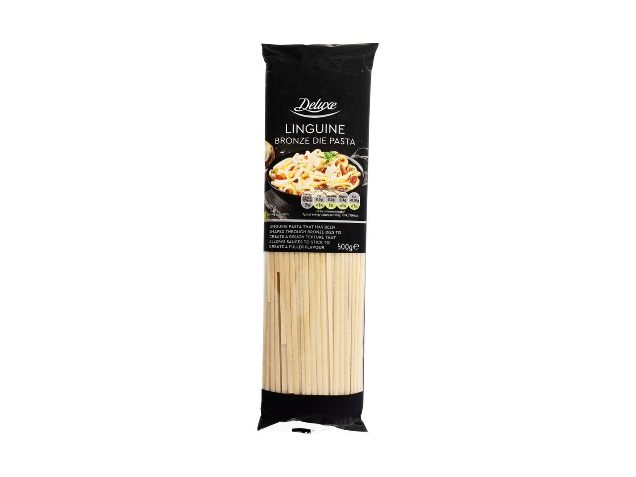 A 500g package of Deluxe Linguine Bronze Die Pasta.