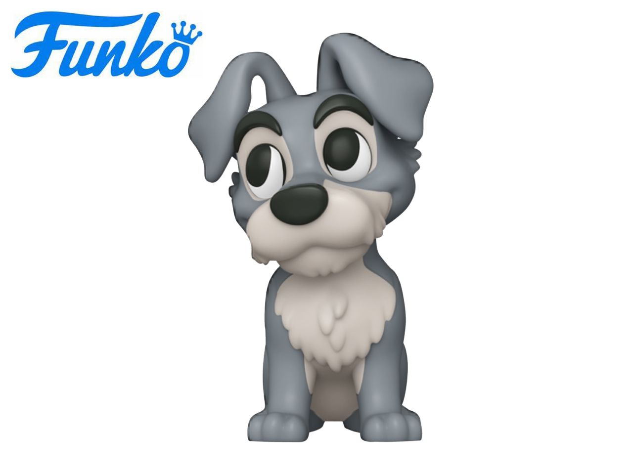 Grey dog figurine with large eyes and floppy ears, sitting upright.