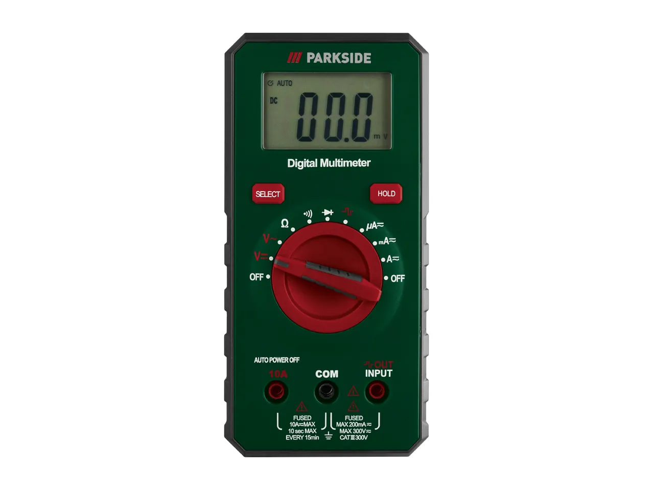 A green and red digital multimeter with a display showing '00.0 mV' and various measurement settings.