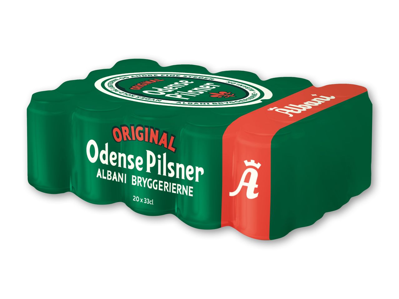 En 20-pakke pilsnerøl i grøn indpakning med rød og hvid tekst.
