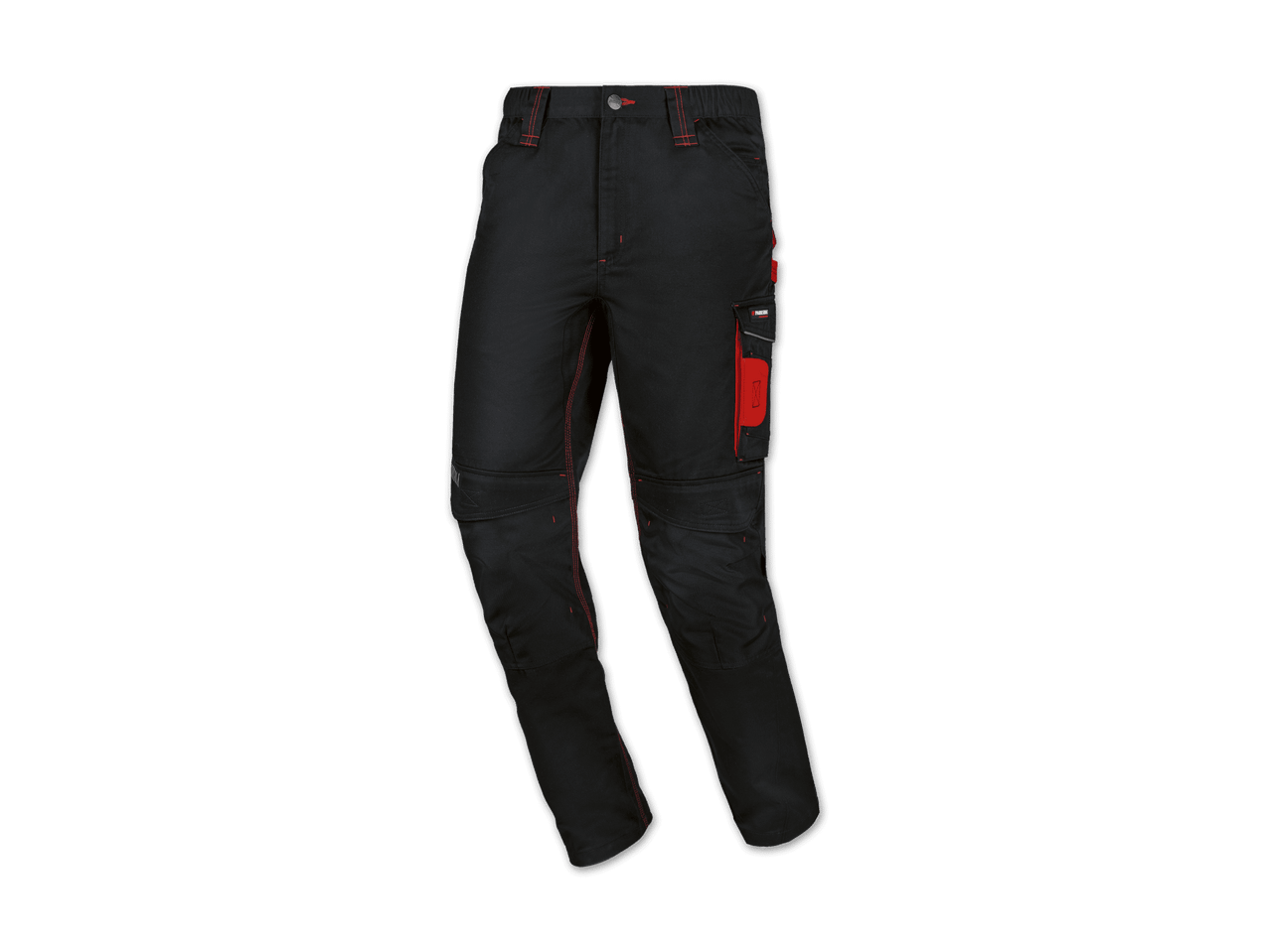 Schwarze Arbeitshose mit roten Akzenten und praktischen Taschen.