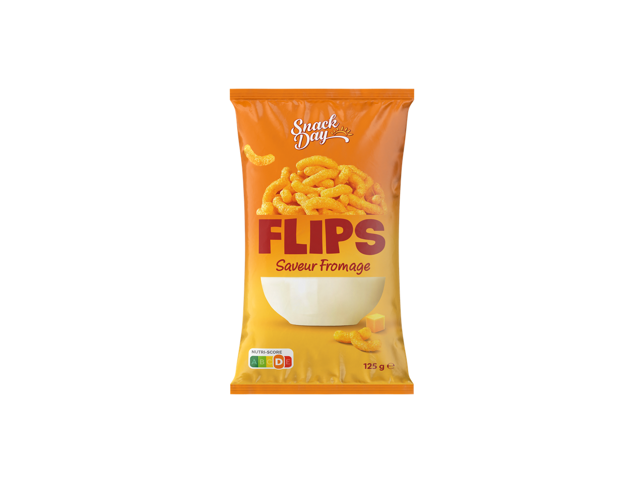 Snack Day Flips Saveur Fromage, un snack au fromage dans un sachet orange avec un Nutri-Score D.