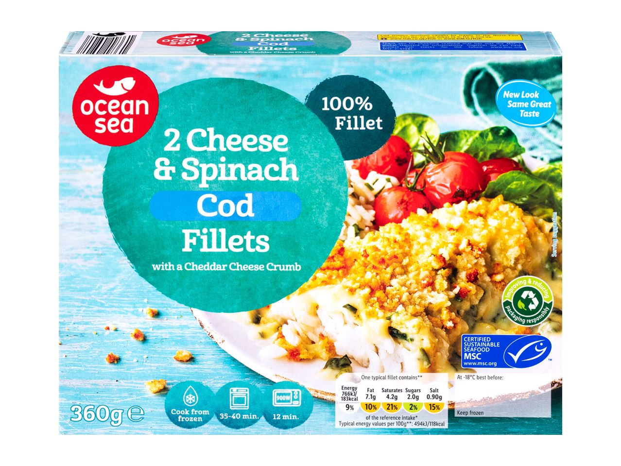 Ocean Sea: Cod fillets with two cheeses and spinach, cheddar crumb topping.