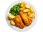 Breaded fish, roasted potatoes, and peas.