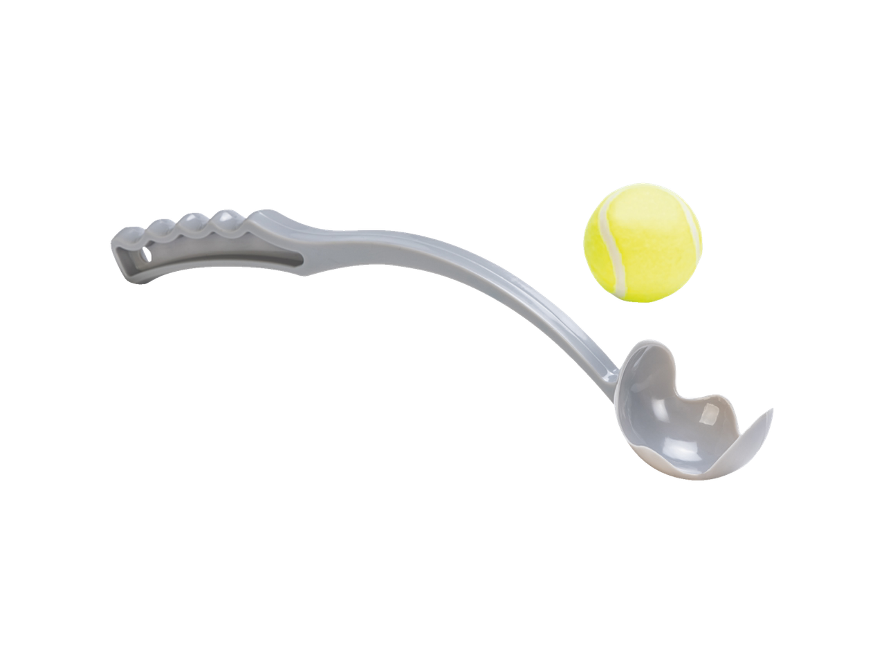 Um lançador de bolas de tênis de plástico cinza lança uma bola amarela.