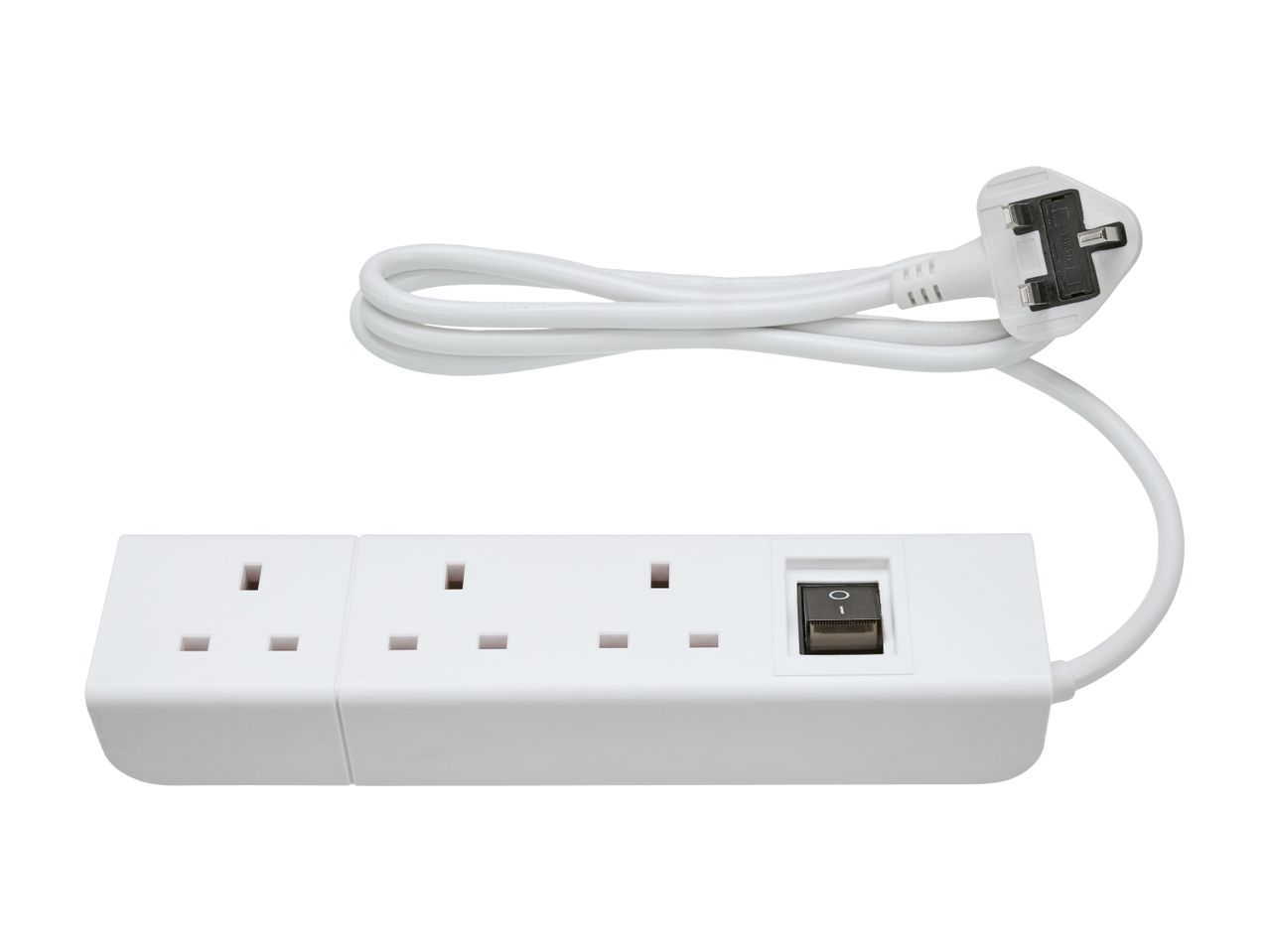 White power strip with three outlets and a power switch, connected to a UK plug.