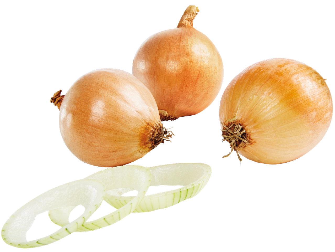 Tre gula lökar och några skivor lök