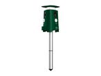 Green ultrasonic animal repeller on a silver stake with a pointed end.