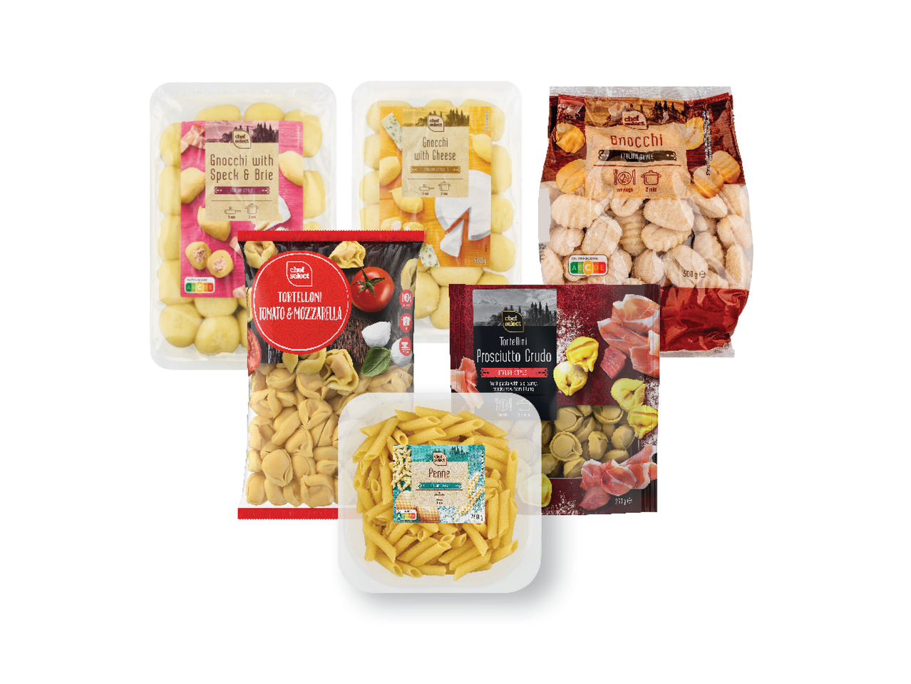 Įvairūs „Chef Select“ prekės ženklo makaronų ir gnocchi produktai, įskaitant gnocchi su sūriu ir kumpio tortellini.