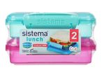 Two Sistema Lunch boxes in pink and teal.