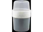 A gray plastic container with a white ring and clear lid.