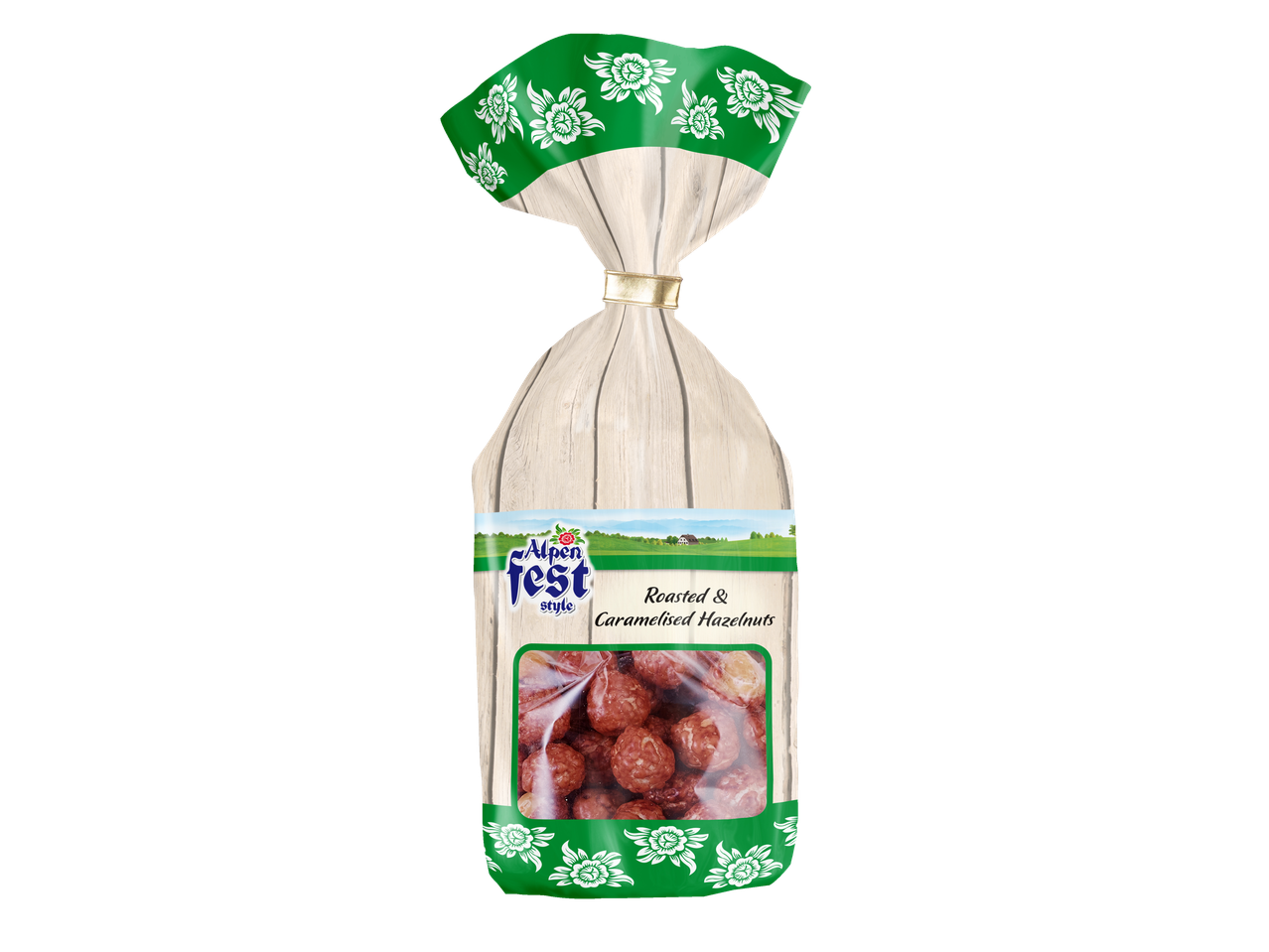 A bag of roasted and caramelised hazelnuts with a green and white floral design.